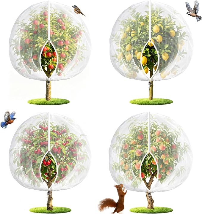 4PCS 4.6Ft × 5.9Ft Fruit Tree Netting with Zipper and Drawstring, 60 Mesh Thickened Garden Bird Netting for Blueberry Bushes, Fruits, Vegetables, Insect Bird Barrier Mesh Protective Cover