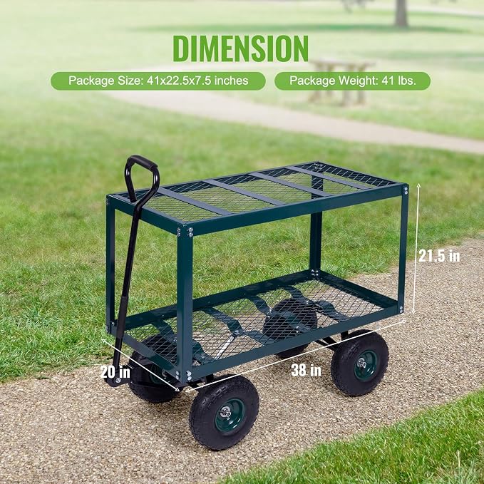 Backyard Expressions 2 Tier Garden Cart, 600 lb Total Capacity, Outdoor Utility Cart with Wheels, Steel Mesh Shelves, Pneumatic Tires, Pull Handle Rolling Wagon for Yard & Lawn