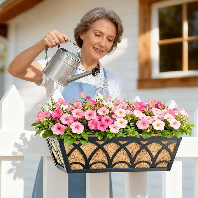 16 Inch Railing Planter Box Window Boxes Planters - 2 Pack Deck Railing Planter Boxes with Adjustable Brackets Coco Liners Balcony Planters Railing Hanging for Window Flower Boxes Outdoor Garden Decor