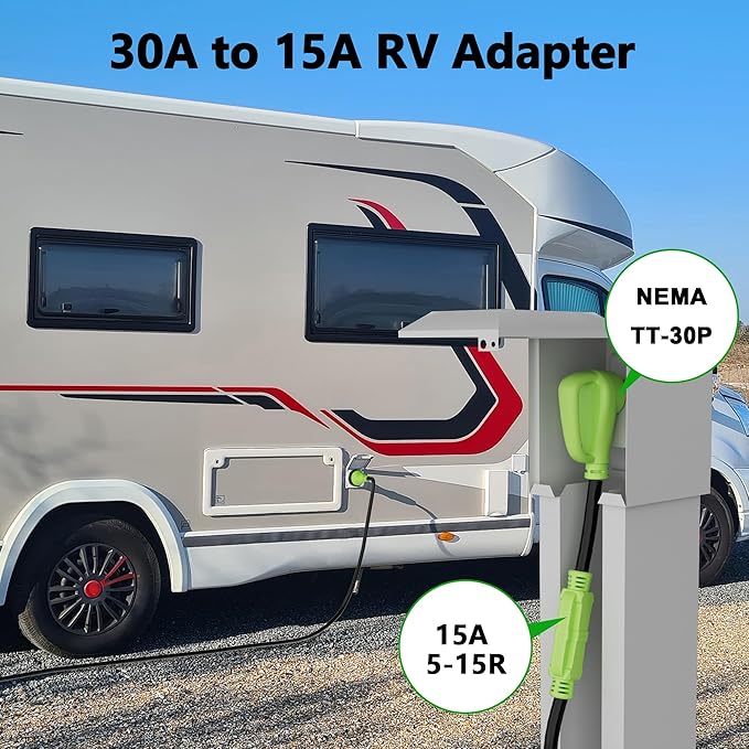 RV Adapter Plug 30 Amp to 15 Amp Cord, NEMA TT-30P Male to 5-15R Female, 30M/15F，STW, 10AWG, Heavy Duty Electrical Power Cord, 125 Volts, 1875 Watts, 1FT, Green