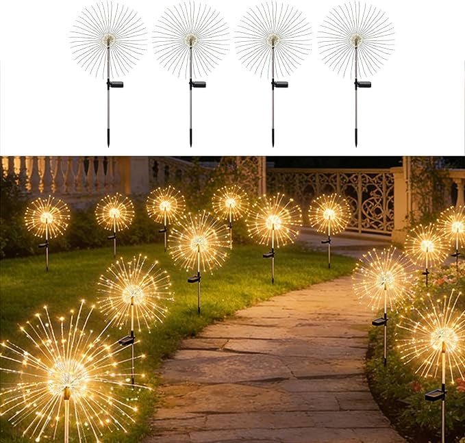 Solar Fireworks Lights for Outside,150 LED 8 Mode Firework LED Solar Fairy Lights Twinkling Tree Outdoor for Garden Yard Landscape Patio Lawn Wedding Christmas Part Decor Warm White (4 Pack)