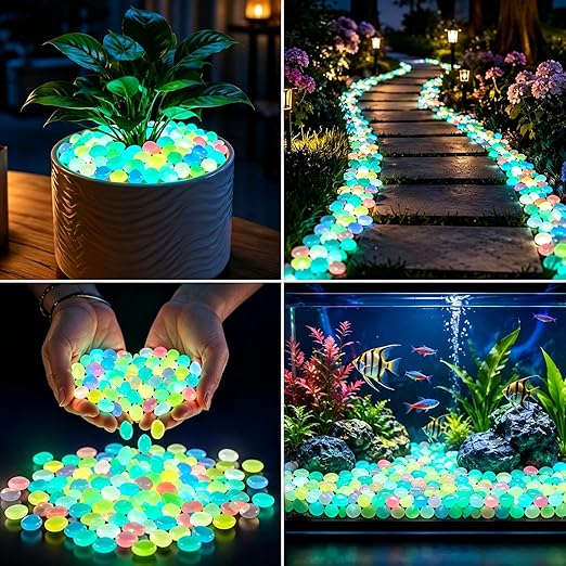 1000Pcs Glow in The Dark Stones Outdoor, Mixed Colors for Landscaping | Mixed Color,Glow in The Dark for Garden & Fish Tank,Non-Toxic Resin,Rechargeable by Sunlight