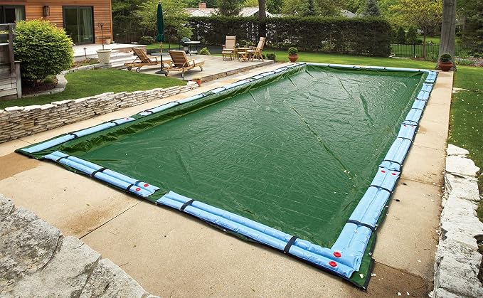 Blue Wave Silver 12-Year 12-ft x 24-ft Rectangular In Ground Pool Winter Cover, Forest Green | Solid polyethylene, black underside, heat-sealed seams, grommets, cable, winch, 5-ft overlap, 12-yr support, green