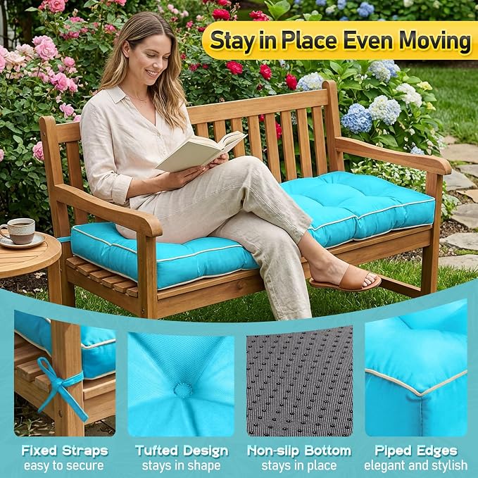 Outdoor Bench Cushion, Tufted Patio Seat Pad for Garden Bench, Porch Swing, Indoor/Outoor Furniture (Teal Blue, 36X14X4 inch)