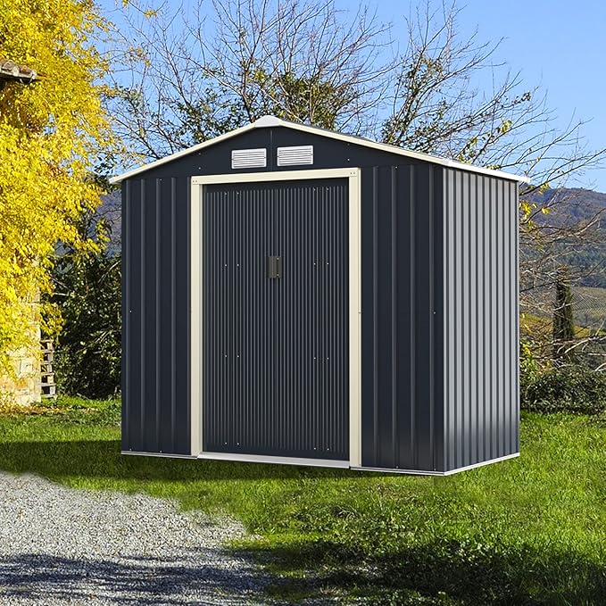 Goplus Storage Shed, Metal 7' X 4' Outdoor Building Organizer with 4 Vents & Double Sliding Door for Garden Backyard Farm (7'X4')