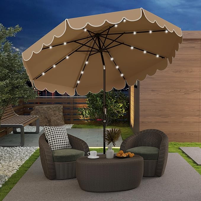 Tangkula 9 FT Solar Patio Umbrella, 2-Tiers Scalloped Outdoor Table Market Umbrella with 32 LED Lights, Vented Top, Tilt Adjustment, Crank, 8 Ribs for Backyard Poolside Deck Beach Lawn (Coffee)