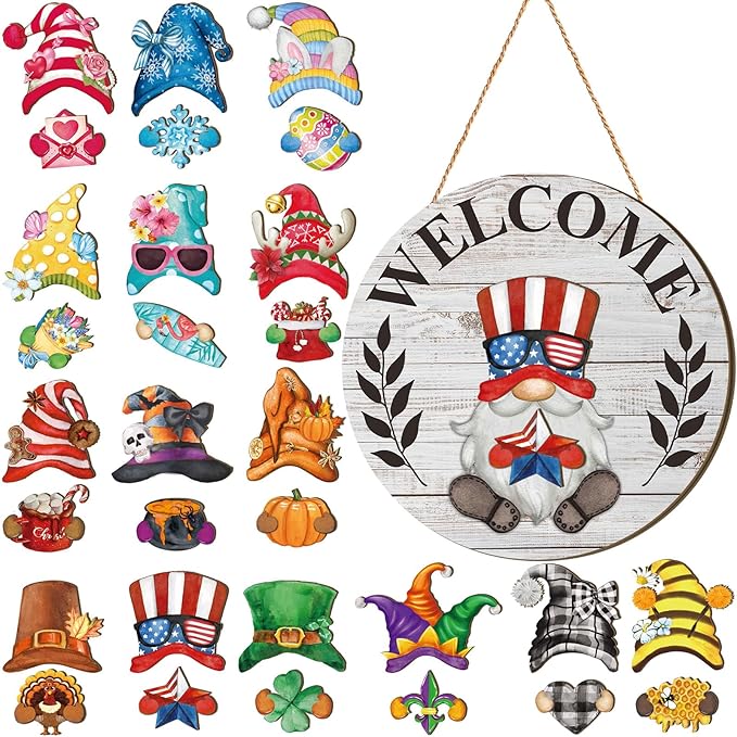 Qunclay Interchangeable Wooden Gnome Decor Holiday Seasonal Gnome Decorations with Magnet Pieces and Detachable Hats Changeable Welcome Sign for Home(Grayish White)