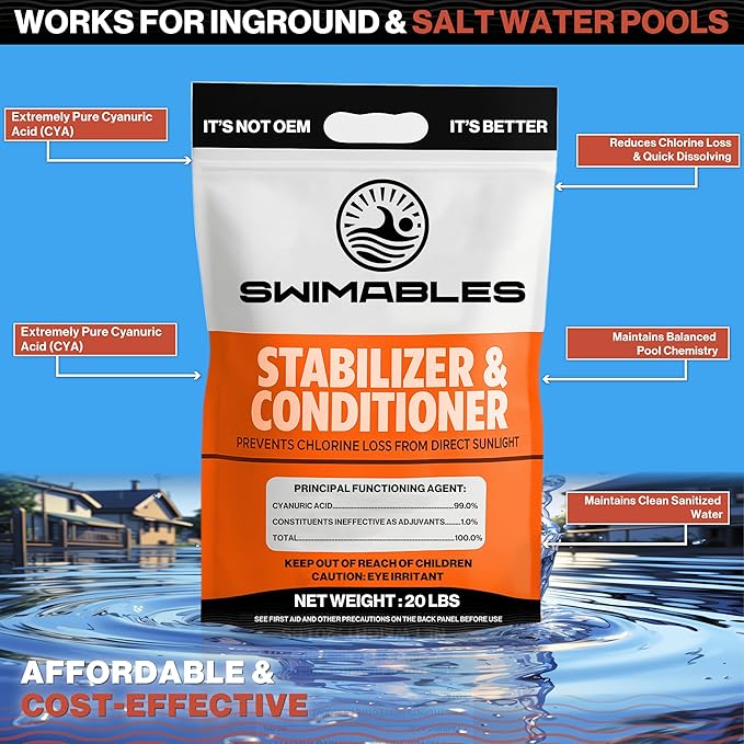 Swimables 20-Pounds Premium Pool Stabilizer & Conditioner, Max Strength Cyanuric Acid for Pools, Spa & Salt Water – Reduces Chlorine Loss, Ideal for Swimming & Hot Tubs