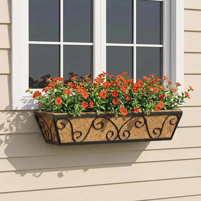 Y&M Outdoor Rectangular Window Box Planter, 24-Inch 2PCS Deck Railing Planter Boxes & Hanging Railing Planters with Coco Coir Liner, Rust-Resistant Steel, Large Capacity for Balcony, Porch, and Garden