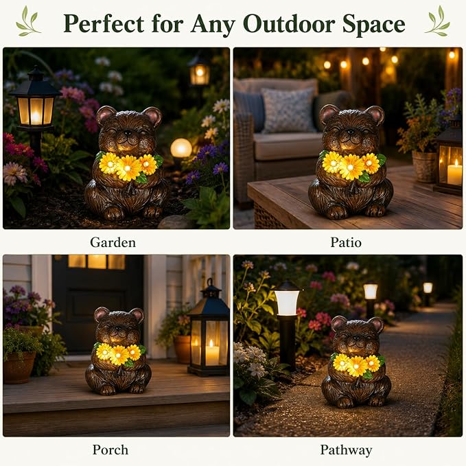 Solar Garden Statues Bear with Daisy and LED Lights Birthday Gifts for Women Mom Grandma Solar Outdoor Cat Decor for Outside,Outdoor Solar Lights for Yard, Garden and Patio, Unique Gift for Women