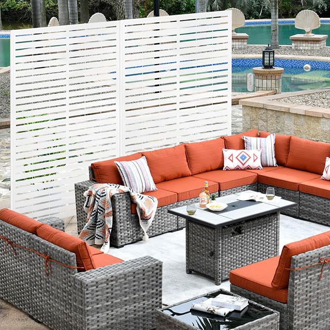 PROLEE Metal Privacy Screen with Stand 72" x 44", Privacy Panels Outdoor, Decorative Fence Screen for Patio Screen Freestanding, Outdoor Privacy Panels for Deck, Porch and Balcony, White