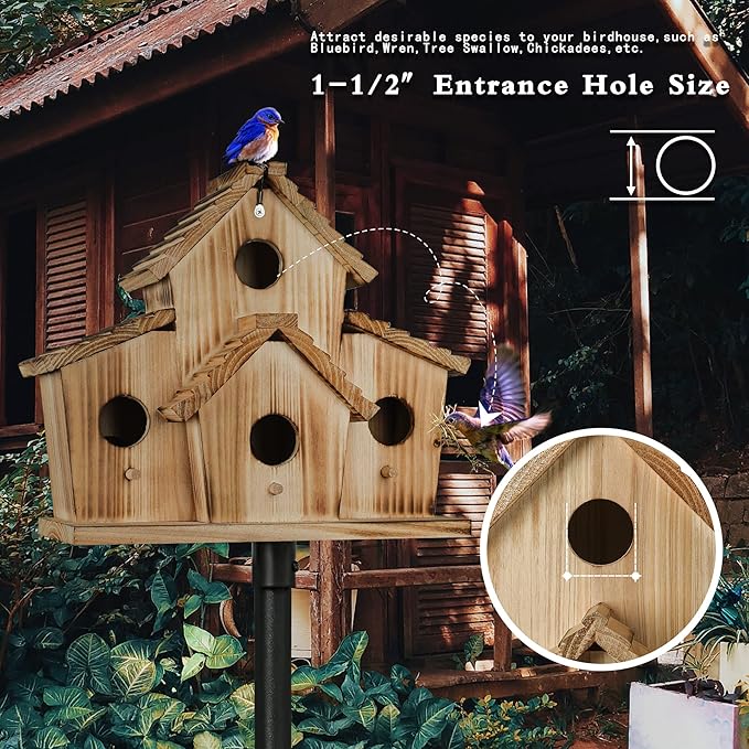 Bird Houses for Outside,Bluebird Finch 4 Room Outdoor Bird Houses for Garden, Up to 4 Bird Families, Large Hole for Bird Families' Needs