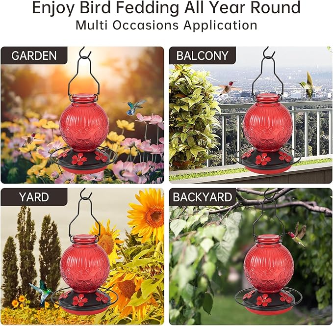 Glass Hummingbird Feeders for Outdoors Hanging, 23Oz Humming Bird Nectar Feeders with Perch, 5 Flower Feeding Ports, Leak Proof Base and Hook for Garden Decor, Gifts for Mom Women (Red)