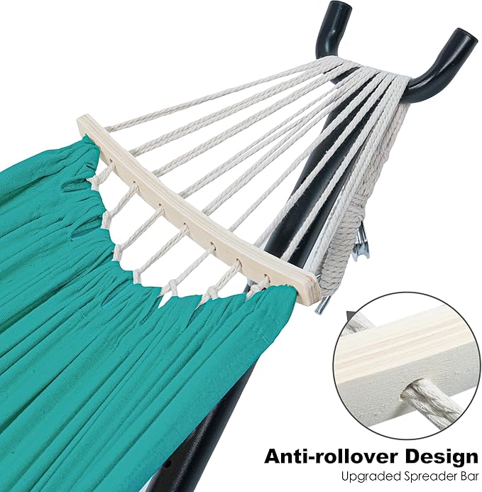 Gafete Double Hammock with Stand for Outside, Upgraded Spreader Bar, Heavy Duty Space Saving Steel Stand 2 Person, Side Pockets, Easy Assembly, 600lbs Weight Capacity, Indoor & Outdoor (Aqua Blue)