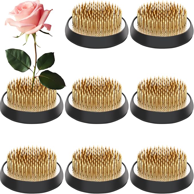 Sliner 8 Pcs 2.36 Inch Floral Frogs Round Brass Flower Holder Japanese Ikebana Vase Floral Frogs Arranger Fixed Tools Pin for Flower Arrangement Home DIY Craft(Gold)