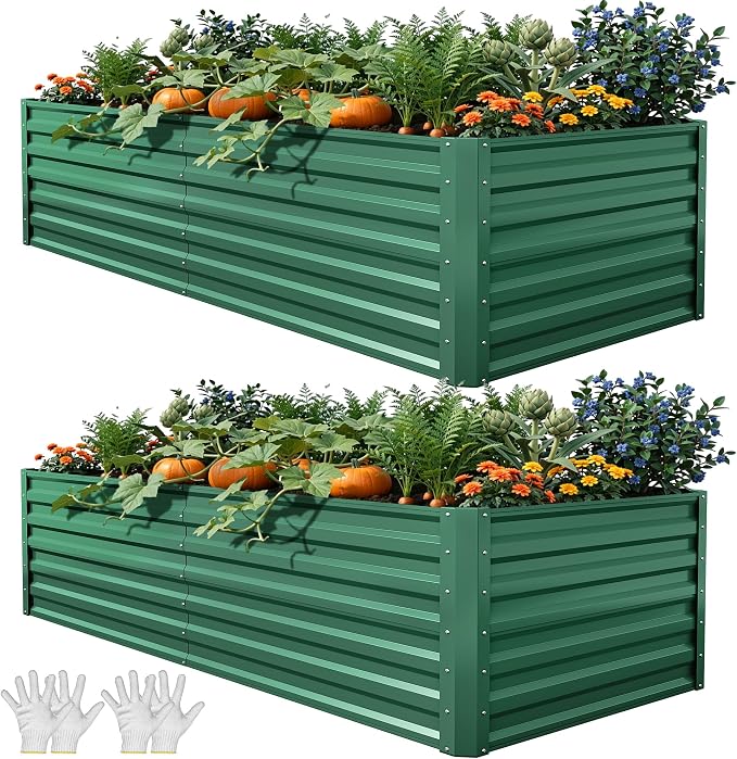 YITAHOME 6x3x2ft 2pcs Large Raised Garden Bed Kit, Galvanized Metal Planter Box with Gloves, Ground Nails, Support Rod, Outdoor Above Ground Planters for Plants Vegetables Flowers, Green