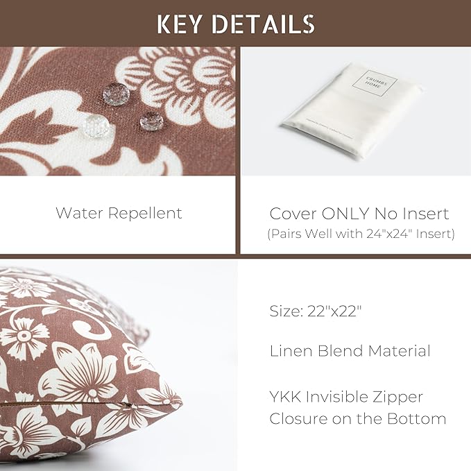 Crumbs Home Modern Farmhouse Fall Linen Indoor Outdoor Throw Pillow Cover Only, 22"x22" Water Repellent for Patio, Backyard, Couch, Cocoa Brown Neutral Floral