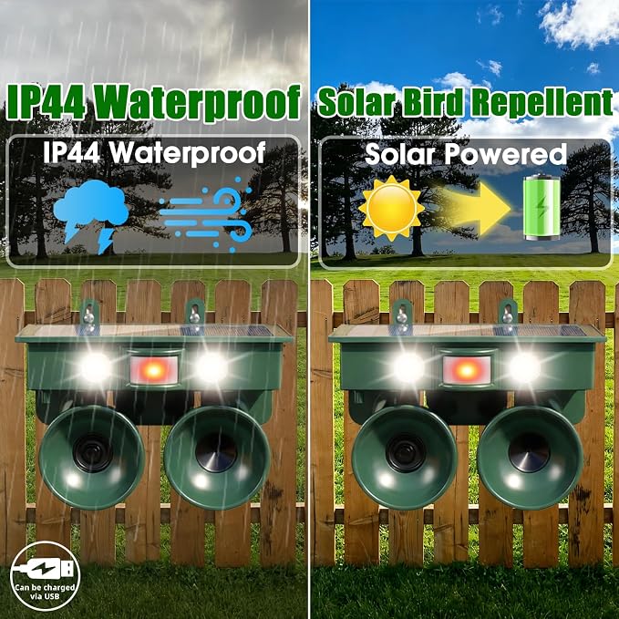 2026 Upgraded Solar Bird Repellent Outdoor: Ultrasonic Pigeon Repeller with Motion Sensor&LED Flash Light-Professional Woodpecker Deterrent for Farm,Garden,Patio-Waterproof Bird Deterrent Device
