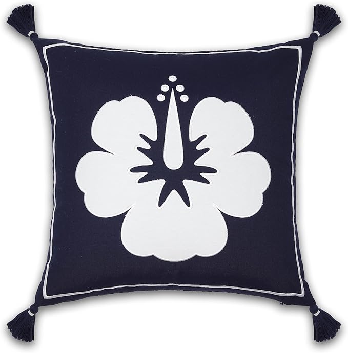 Hofdeco Premium Coastal Patio Outdoor Performance Pillow Cover Only, 18"x18" Water Repellent, UV and Fade Resistant for Backyard, Couch, Dark Navy Blue Embroidered Hibiscus Floral with Tassels
