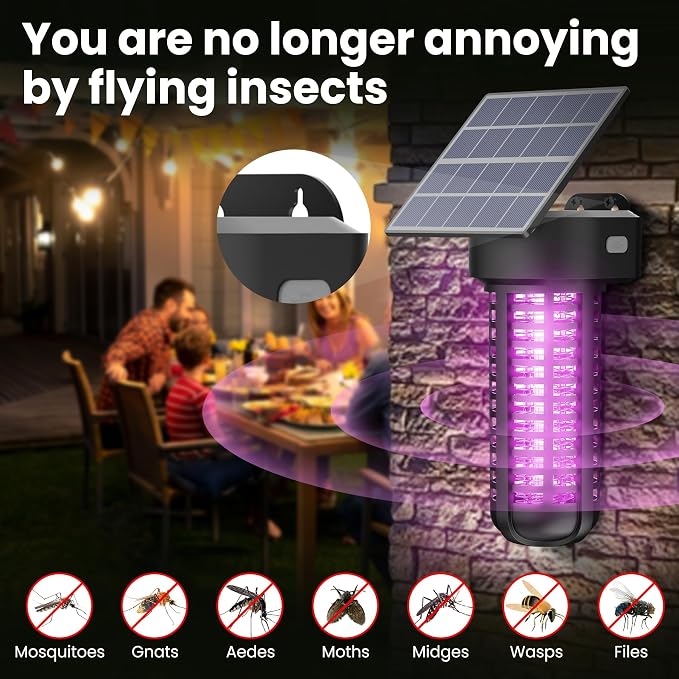 Solar Powered Bug Zapper Light 2 Pack Waterproof Outdoor Mosquito Killer Lamp Auto On/Off Cordless Garden Mosquito Zapper,Black