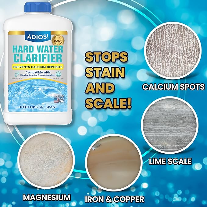 ADIOS! Hot Tub Hard Water Calcium Remover with Scale and Stain Clarifier, Soften Treat and Reduce Spa and Pool Deposits - Quart (32 oz)