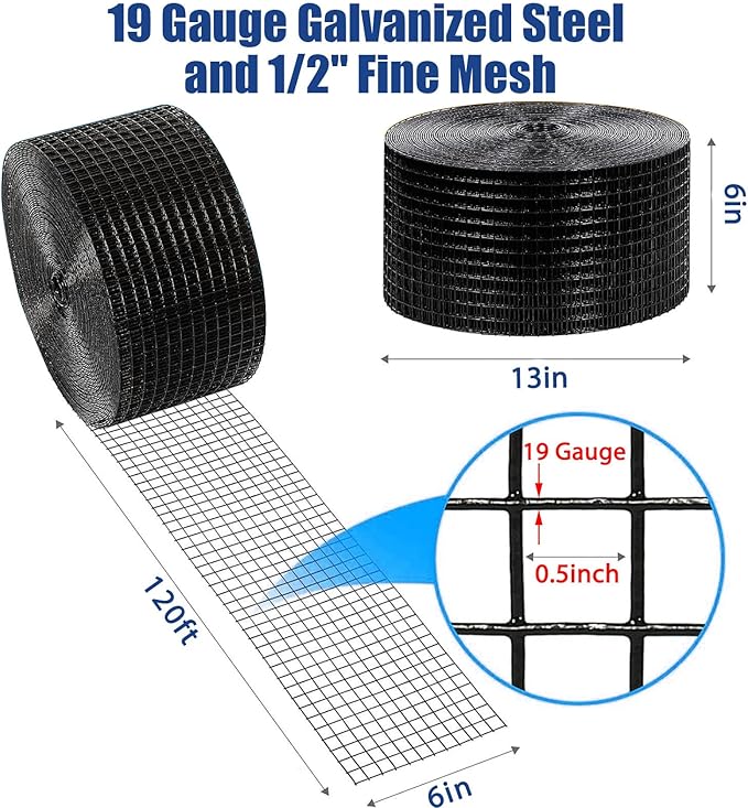 Critter Guard for Solar Panels,6in x120ft Solar Panel Bird Guard with 100pcs Fastener Clips(1" 80pcs/1.5" 20pcs), 1/2in Fine Mesh Black PVC Coated Critter Guard with Gloves and Pliers