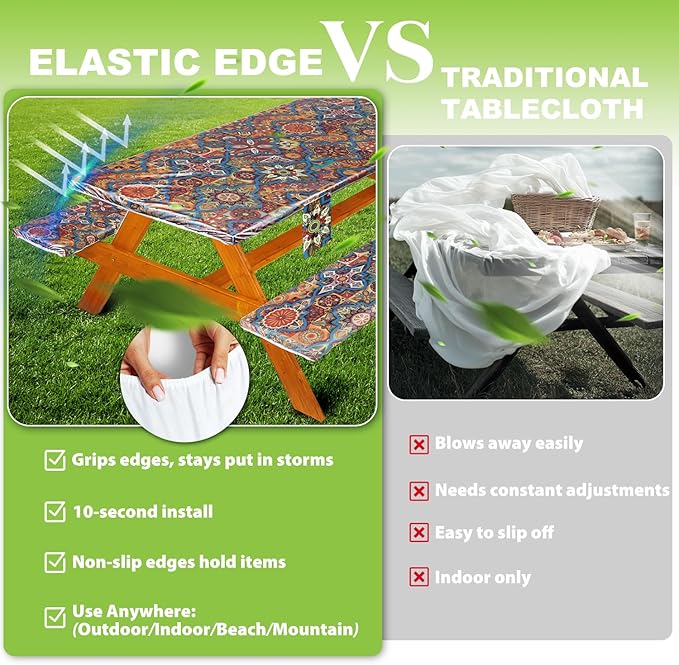 Fitted Picnic Table Cover with Bench Covers Waterproof Elastic Edges Rectangle Patio Tablecloth Outdoor Camping Essentials Stuff Rv Accessories Summer Travel Camper Trip Gifts for Men Woman, 72in 6 ft