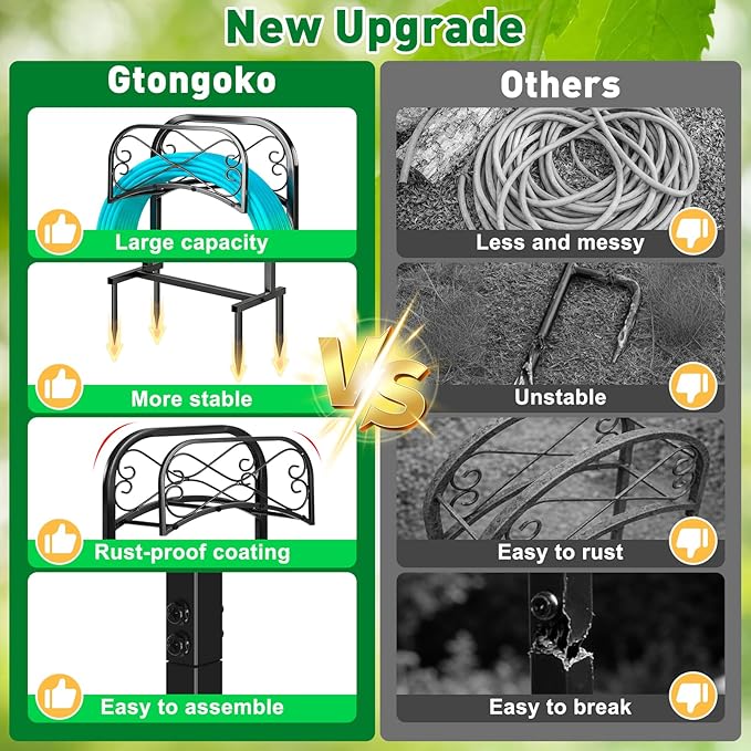 Gtongoko Garden Hose Holder for Outside 43 In With Upgrade 4 Prongs Base Detachable Metal Water Hose Holder Freestanding Heavy Duty Organizer Holds 150FT Stand Hanger for Outdoor Yard Black