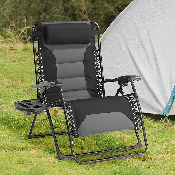Zero Gravity Chair Oversized Padded Recliner with Adjustable Headrest & Cup Holder - XL 600D Oxford Folding Lounge Chair for Outdoor Camping, Patio, Poolside (Upgraded Black & Gray)