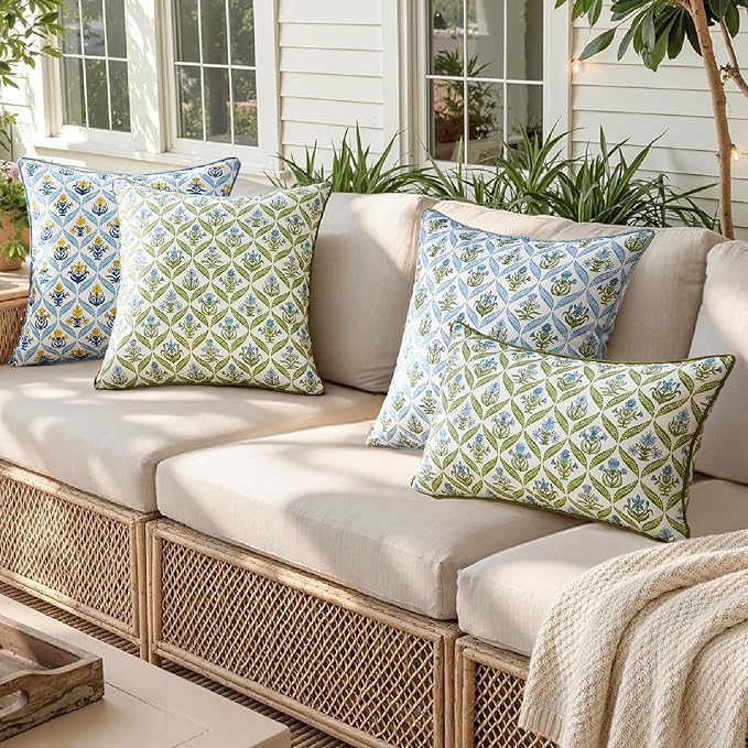 ANRODUO Floral Outdoor Pillow Covers 16x16 Waterproof Set of 2 Block Print Accent Decorative Cushion Cases with Refined Edge Piping for Spring Patio Porch Garden Couch Sofa Bench Decor Green