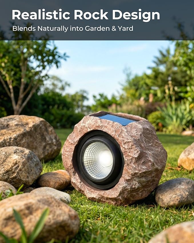 2 Pack Solar Rock Lights Outdoor, Angle Adjustable Solar Lights Outdoor Waterproof, LED Solar Garden Lights, Auto On/Off Landscape Lighting for Yard Pathway Patio Flower Bed - White Glow (Stone Brown)