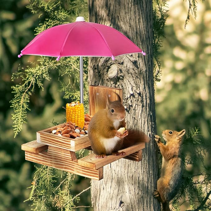 Gnodary Squirrel Feeder with Umbrella, Squirrel Feeders for Outside, Squirrel Picnic Table Feeder - Chipmunk Feeder Hold Corn, Corn Cob, Peanuts Style2 (Dark Pink)