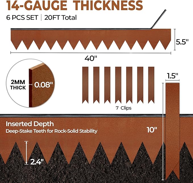 Worth Garden 6-Pack Cor-Ten Steel Landscape Edging with Black Protection Strips - Rust Patina Finish 40" L x 5.5" H (20Ft Total) - Hammer-in 14-Gauge Metal Corten Lawn Yard Edging Border w/ 7 Clips