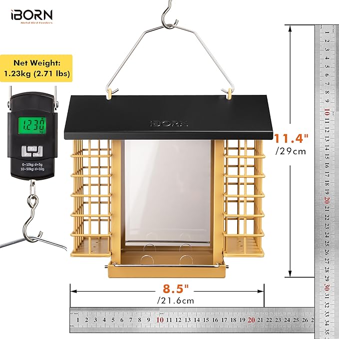 iBorn Bird Feeders for Outdoors,Bird Feeder with Double Suet Holders,Suet Feeder for Outside,Weatherproof Metal Roof,Easy to Refill&Clean,3.2 LBs Seed Capacity+2X Cakes,1 Pack,Black Roof & Yellow Grid