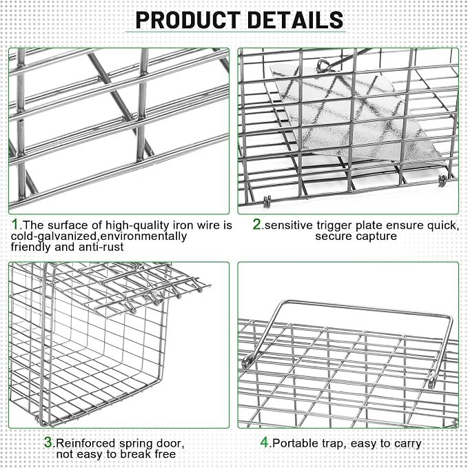 Qualirey 2 Pcs Humane Squirrel Trap Heavy Duty Live Animal Chipmunk Catch and Release Rat Trap for Outdoor Small Animals Mouse Raccoon Stray Cat Rodent Weasels(Silver)