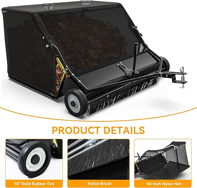 YINTATECH 50in Tow-Behind Lawn Sweeper, Heavy-Duty Garden Sweeper with 25 Cu. ft Hopper Bag, Leaf Grass Collector, Adjustable Brush Height, Anti-Splash Cover, Dumping Rope for Yard Lawn
