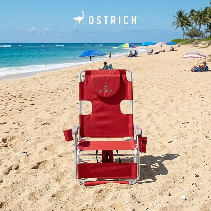 Ostrich the Backpack 3N1 Portable Chair with Cooler Bag and Reclining Lounger for Tanning, Camping, Beach, and Outdoor Essential, Red