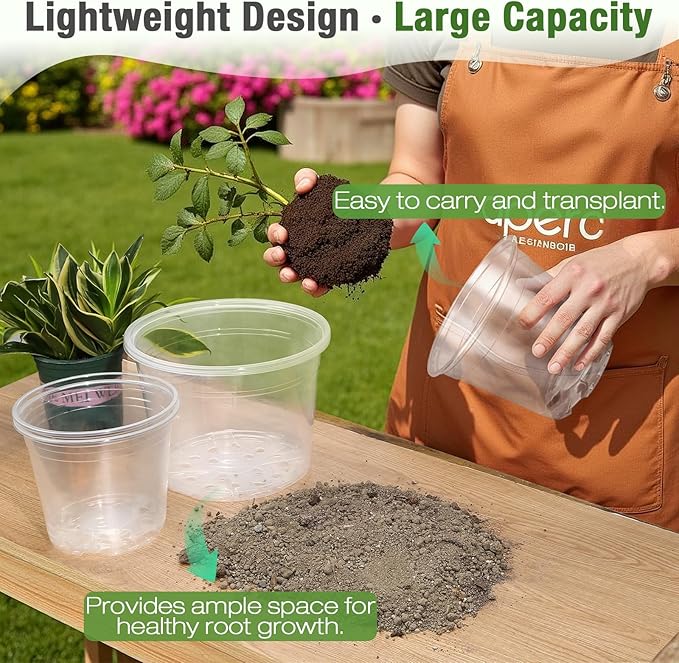 10 Inch Large Clear Nursery Pots with Drainage, 5 Pack Plastic Pots for Plants, Clear Plant Seedling Pots for Indoor & Outdoor Gardening (10 inch)