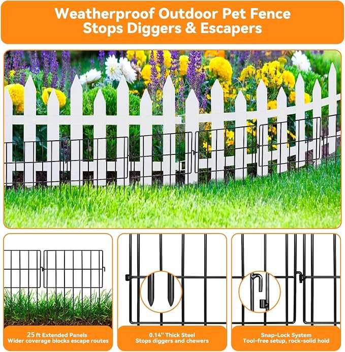 25 Pack Animal Barrier Fence, 25ft(L) x 13in(H) No Dig Fence for Dogs, 1.2in Gaps Anti Digging Fence for Dogs, Rustproof Metal Garden Fence Animal Barrier for Flower Beds & Patio