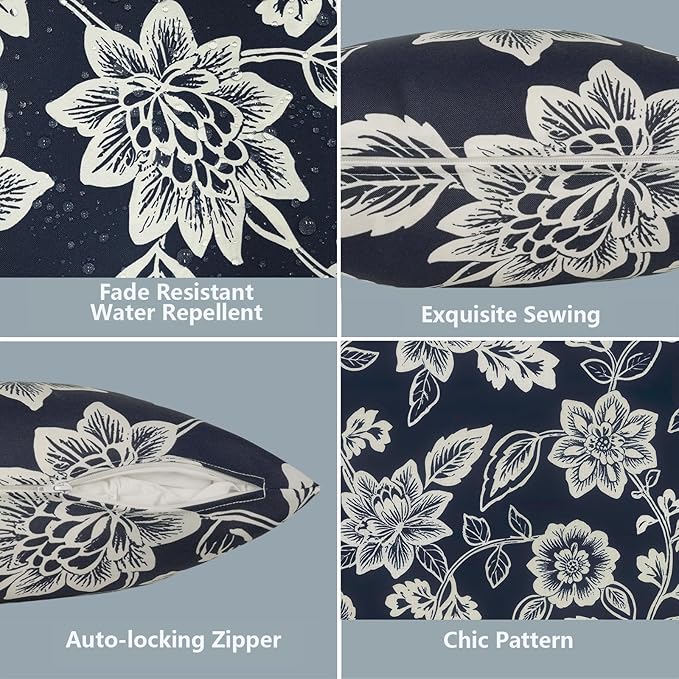 LVTXIII Outdoor Pillow Covers 20x20 Inch, 2 Pack Large Square Throw Pillow Cases, Fade-Resistant Cushion Covers for Patio Furniture Sofa, Garden Porch, Elegant Vines Navy