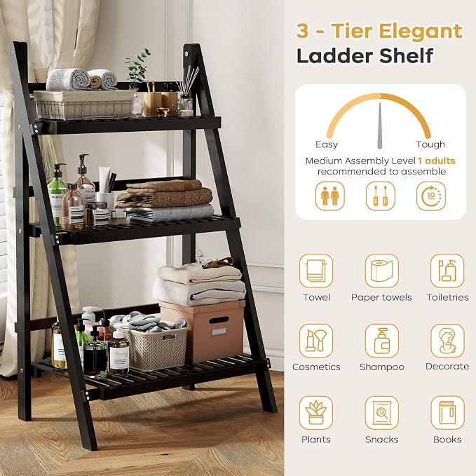 oakvivo 39.4" Foldable Plant Shelf Ladder Shelf, 3 Tier Bamboo Ladder Flower Pot Display Shelf, Freestanding Ladder Bookshelf for Garden, Balcony, Yard, Living Room, 23.6" W x 15" D x 39.4" H, Black