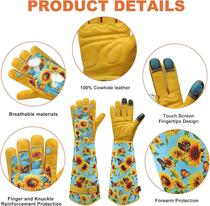 DLY Gardening Gloves for Women, Rose Gloves Gardening Thorn Proof, Long Garden Gloves for Women, Breathable Cowhide Leather Gauntlet (Large, Blue)