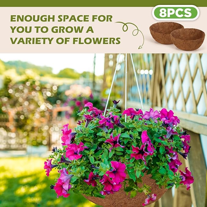 Gerrii 8 Pcs 24 Inch Coconut Liners for Hanging Baskets Coco Liners for Planters Natural Round Coconut Coco Planter Basket Coir Liner for Hanging Basket Flowers/Vegetables