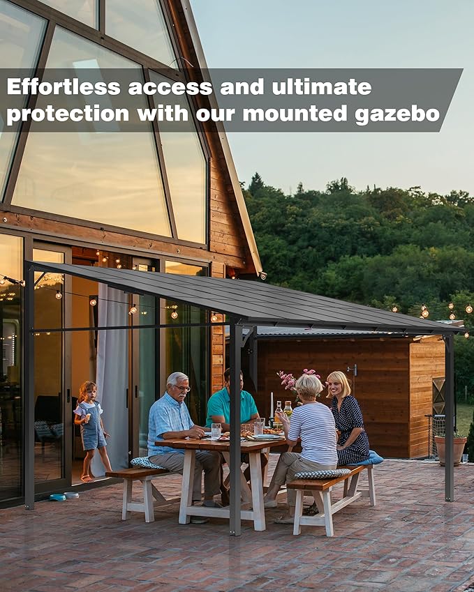 GarveeLife 10 ft x 12 ft Lean to Gazebo, Hardtop Wall Pergola with Polycarbonate Roof, Aluminum Frame Mounted Gazebo for Lawn Patio Deck Yard and Party