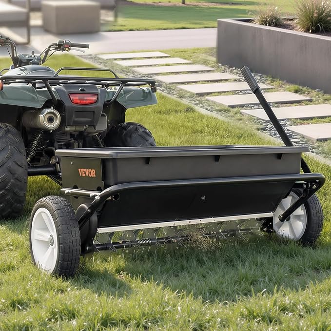 VEVOR Tow Behind Lawn Spreader with Aeration Spikes, 32 in Spreading Width, Broadcast Spreader with Universal Hitch, Garden Seeder & Soil Aerator with 100lbs Capacity & 10 in Tires for ATVs UTVs