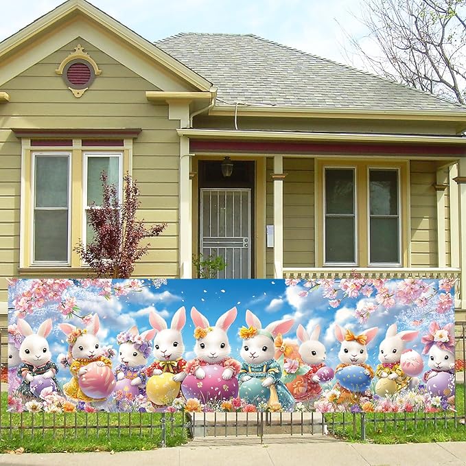 10x3 ft Extra Large Happy Easter Banner Outdoor 115''x35'' Cut Rabbit Banner for Fence Outside Garden Large Bunny Banners Yard