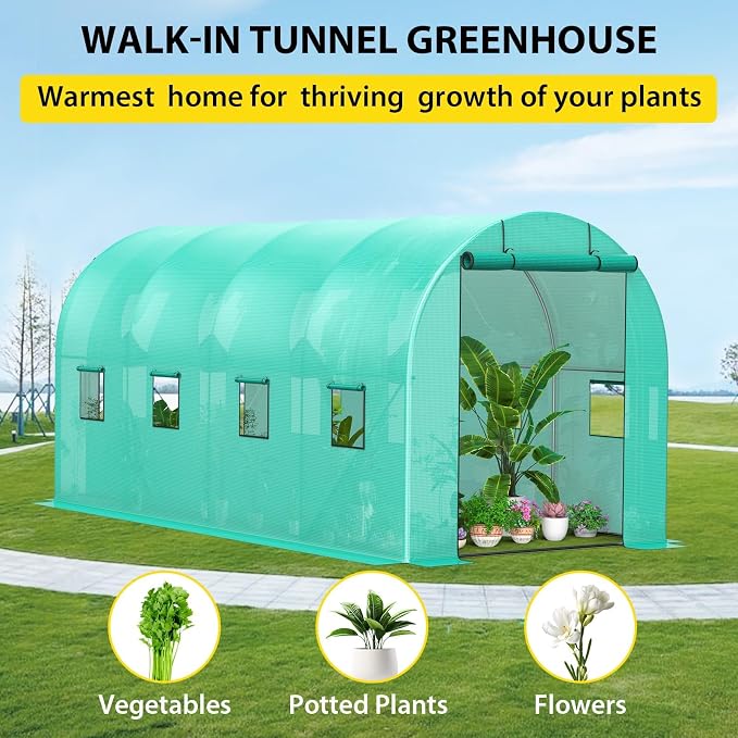 GarveeLife 8*13*7 ft Portable Walking in Tunnel Tent, Walk-in Greenhouse with Bottom widening Design, Galvanized Pipe, Full-Opening Roller Zippered Door & 6 Screen Windows, Greenhouses for Outdoors