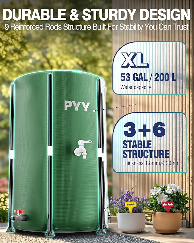PYY Rain Water Collection Barrel - 53 Gallon Green Large Water Storage Tank with Spigot, Hose and Portable Bucket, Plastic Collapsible Rain Catcher Catchment System to Collect Rainwater from Gutter