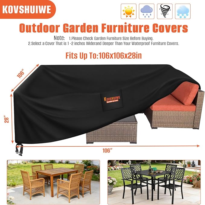 Kovshuiwe 106" Lx106 Wx28 H Square Patio Heavy Duty Table Cover,600D Oxford | 600D Oxford, Waterproof, Outdoor Dining Table and Chairs, General Purpose Furniture Cover