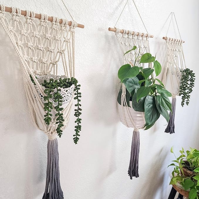 Set of 3 Ombre Dyed Macrame Wall Hanging plant stand Macrame plant hanger indoor and outdoor plant hanger Plant shelf indoor vertical garden planter plant shelf indoor Boho Decor (Ombre Gray)